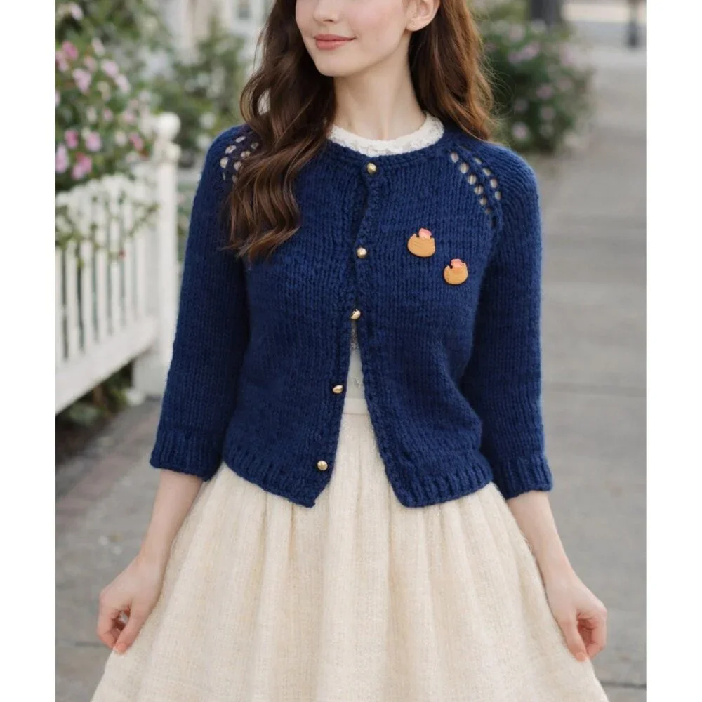 Vintage Hand Knitted Mini Cardigan Chunky Knit Navy Blue size S